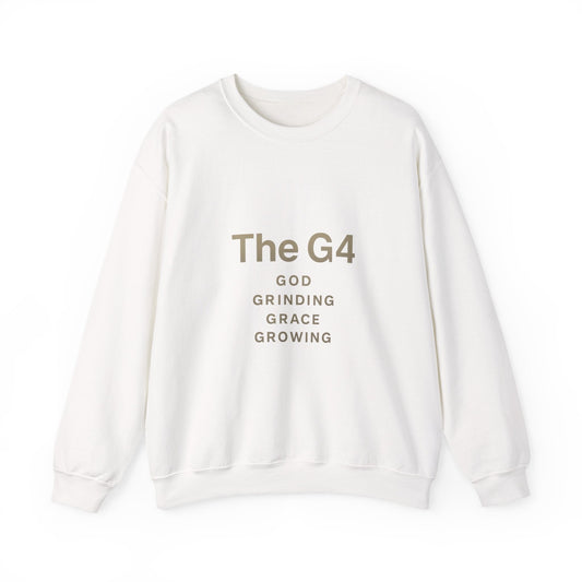 Crewneck Sweatshirt — "The G4: God, Grinding, Grace, Growing" Inspirational Christian Pullover Printify