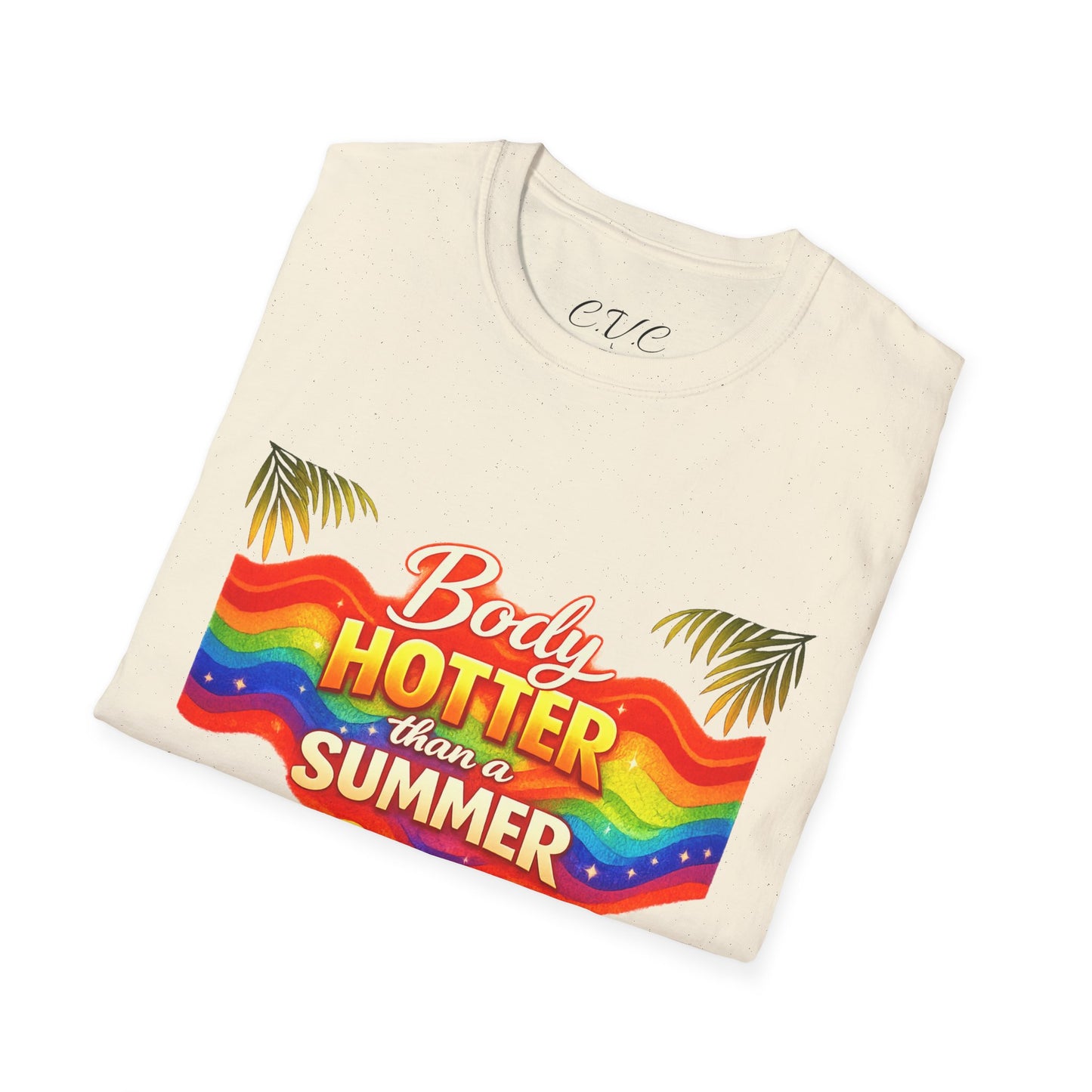 T-Shirt — "Body Hotter Than a Summer" Retro Rainbow Beach Graphic