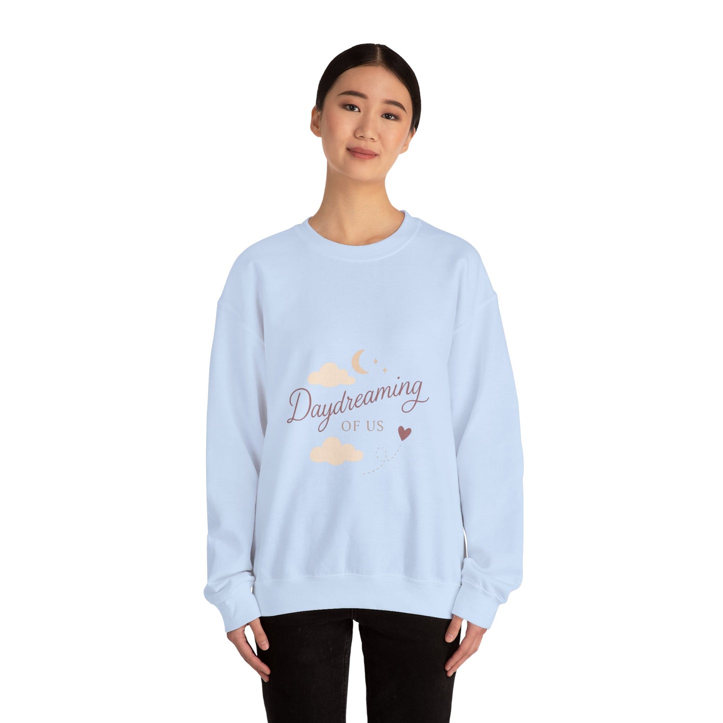 Daydreaming of Us crewneck sweatshirt | moon, clouds, script text
