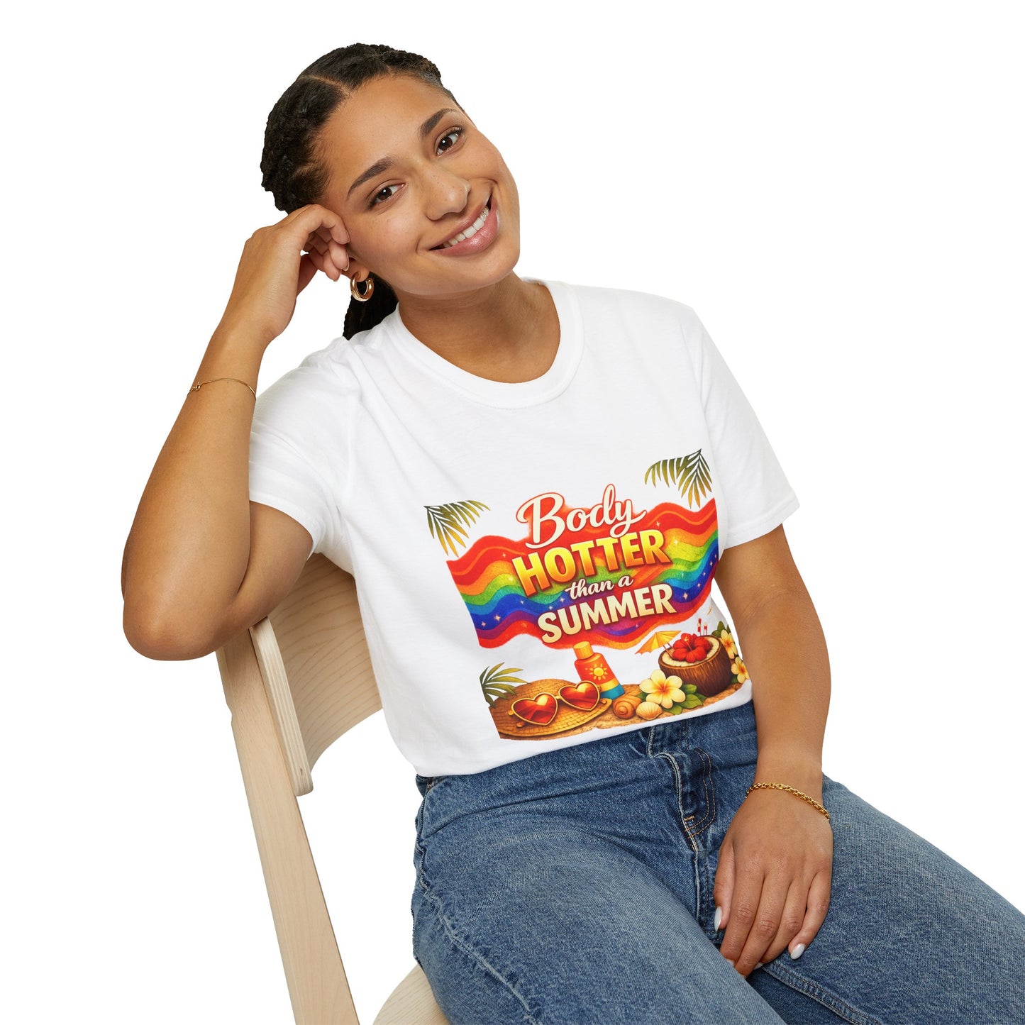 T-Shirt — "Body Hotter Than a Summer" Retro Rainbow Beach Graphic